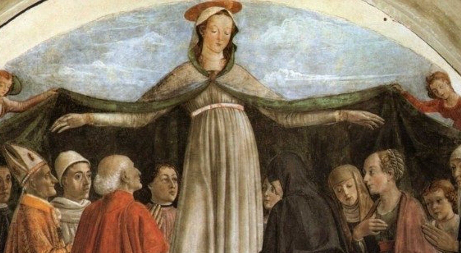 Pintura clássica da Virgem Maria de braços abertos acolhendo clérigos e fiéis sob seu manto protetor, simbolizando Maria Mãe da Igreja