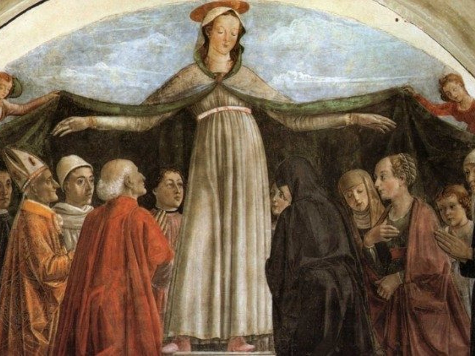 Pintura clássica da Virgem Maria de braços abertos acolhendo clérigos e fiéis sob seu manto protetor, simbolizando Maria Mãe da Igreja